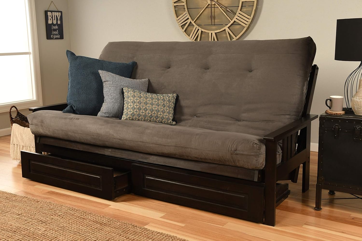 Kodiak Furniture Monterey Queen-size Futon, Storage Drawers, Espresso Finish with Suede Gray Mattress