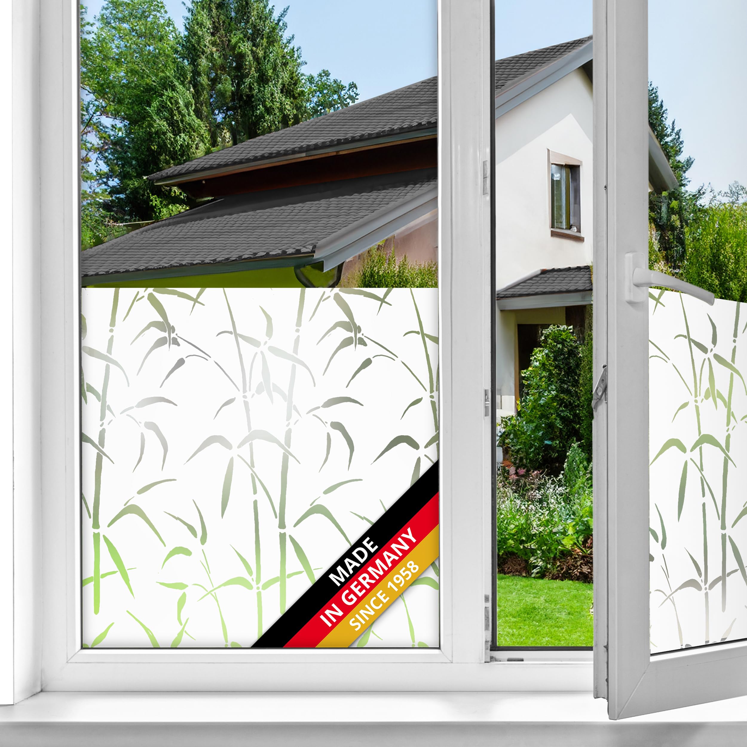 d-c-fix window film privacy Bamboo – 67,5cm x 1,5m – static vinyl films for glass windows with a modern leaves design – self-adhesive, opaque, frosted, decorative for bathroom, home & kitchen