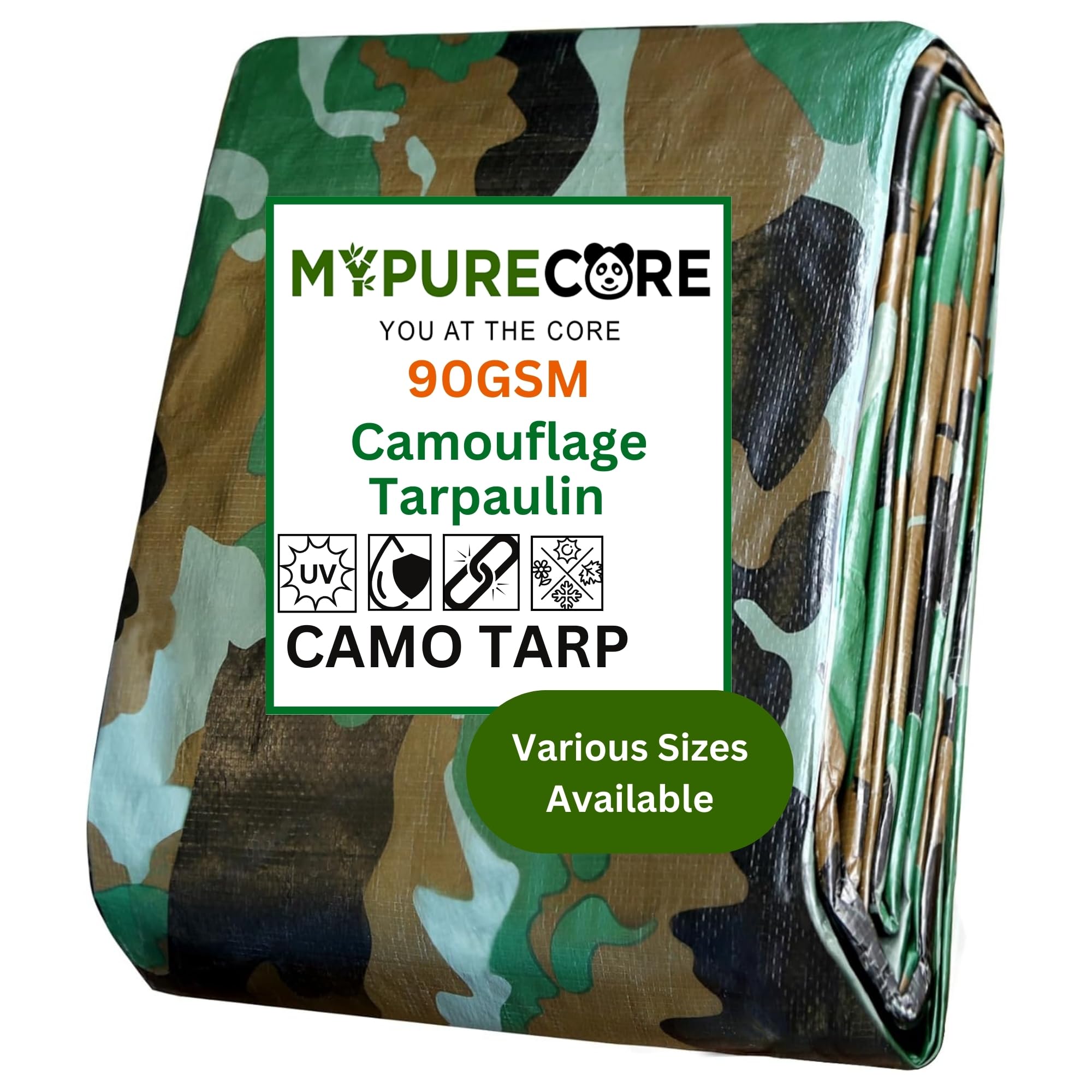 MYPURECORE Camouflage Tarpaulin – Multi-Use Tarp Sheet for Camping, Fishing, Bird Watching & Garden – Waterproof, UV Protective Cover for Rain Shelter, Groundsheet, Tent & Trailer (1.5m x 5m)