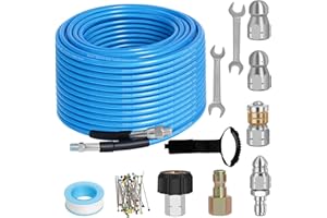 ZEJOOT 100 FT Sewer Jetter Kit for Pressure Washer, 5800PSI Water Jet Drain Cleaner Hose, 1/4 Inch NPT Corner with 4 Sewer Jetting Nozzles, Pearl Corsage Pin, Waterproof Tape, Handle Strap&2 Spanner (Blue)