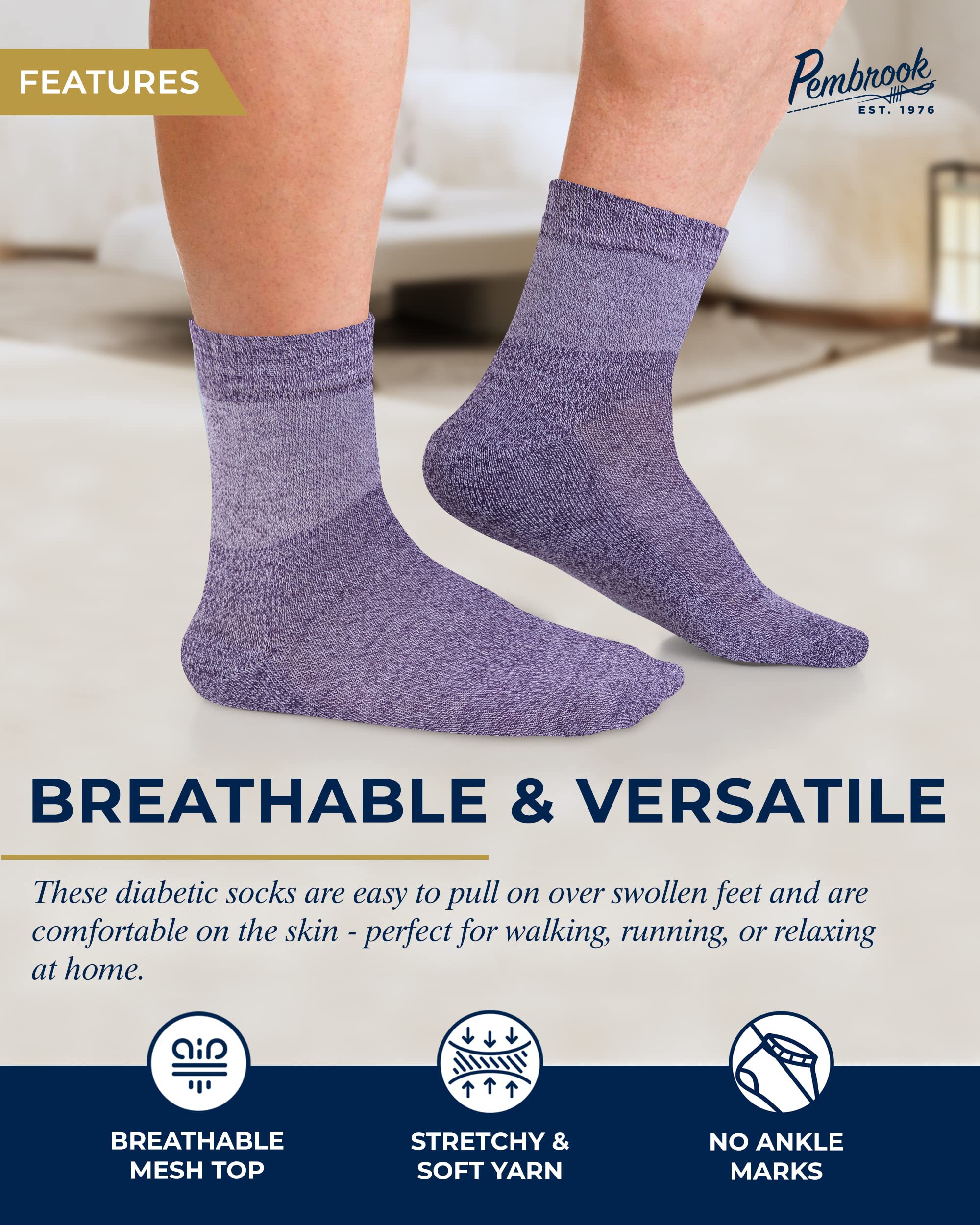 Pembrook Bamboo Viscose Diabetic Socks for Women & Men - 6 Pairs Ankle Socks for Swollen Feet | Neuropathy | Wide Calf | Edema