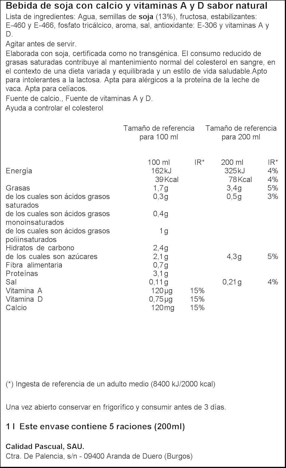 Vivesoy - Bebida de Soja Natural - 1 L: Amazon.es: Alimentación y bebidas