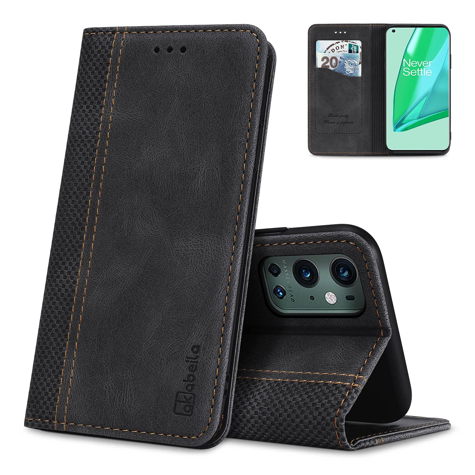 AKABEILA Case for OnePlus 9 Pro Premium Leather Flip Wallet Case with Magnetic Closure Kickstand Card Slots Folio Phone Case Cover Shockproof Black