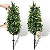 4FT/40 Inch Artificial Christmas Cypress Tree, Topiary Trees Artificial Outdoor, Faux Cedar Shrubs with Spike, 2 Set Pot Filler Faux Pine Plants for Outdoor Planters Christmas Front Porch Decor
