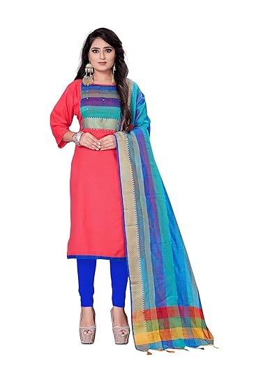 Leeza Store Women Unstitched Cotton Suit With Banarasi Dupatta (Pink Color_Free Size)