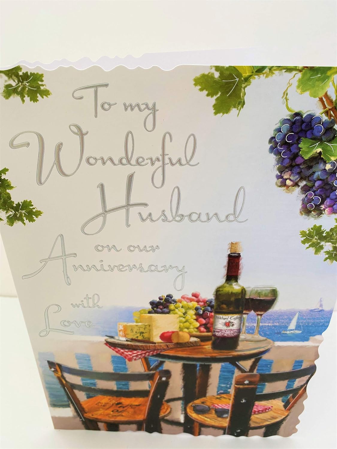 Jonny Javelin Large Wonderful Husband Anniversary Card - Sea View Red Wine Cheese, brown|white|grey, 19.8 cm x 27.3 cm - Image 4