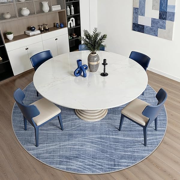 WITSHOCK 8FT ROUND RUGS FOR LIVING ROOM, MODERN STRIPED DESIGN AREA RUG, LARGE RUG FOR BEDROOM DINING ROOM OFFICE NURSERY, SOFT THIN NON-SLIP CARPETS FOR HOME DECOR, BLUE