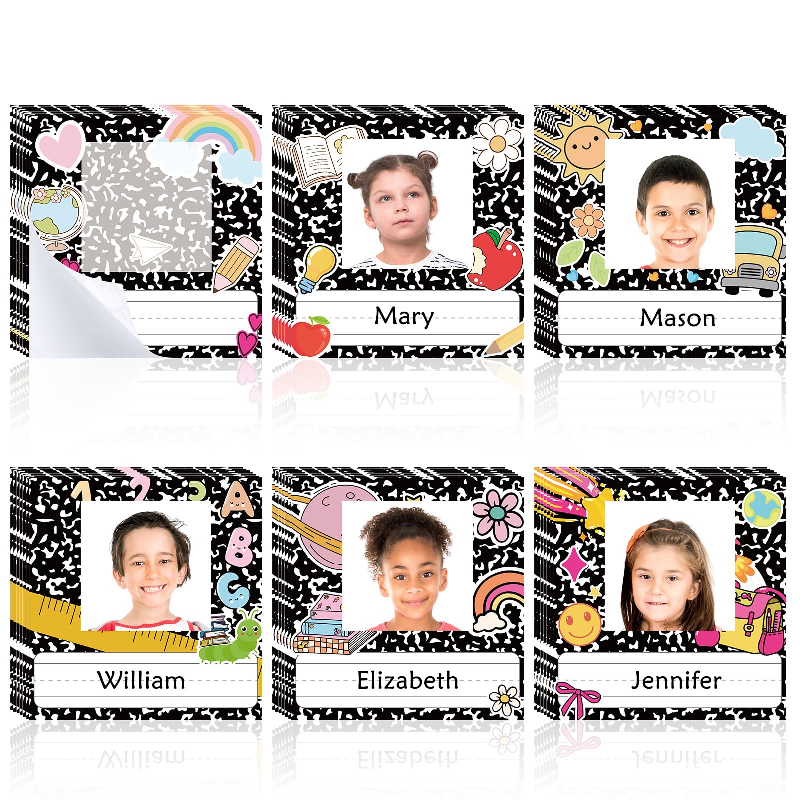 Photo 1 of 42pcs Composition Book Name Tags for Desk Kids Photo Nameplates for Classroom Desk Bins Cubbies Name Tags Labels Stickers with Photo Self Adhesive Colorful Back to School Classroom Decoration