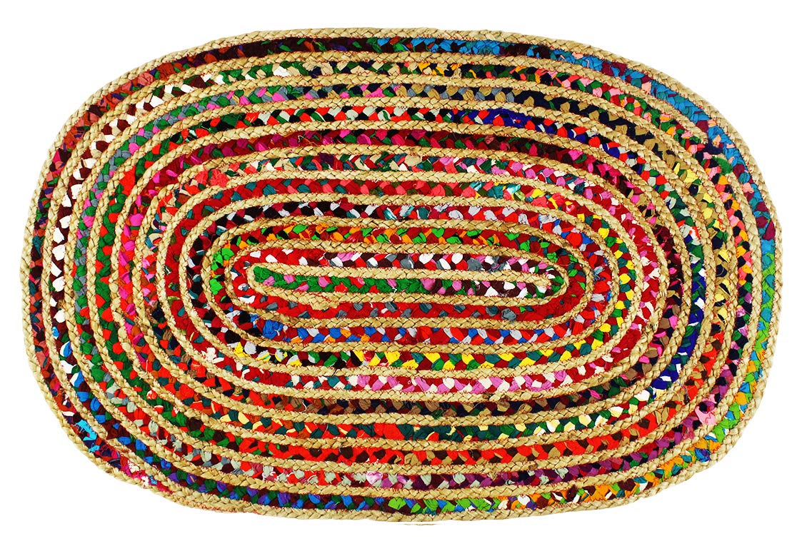 COTTON CRAFTHand Woven Reversible Jute & Cotton Multi Chindi Braid Rug - 5 x 8 Feet Oval - This Rug is Made from Multi Color re-cycled Yarns, Actual Product May Vary in Color from The Image Shown