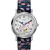 Timex Womens Watch Peanuts Weekender Casual Ladies Wristwatch - Featuring Snoopy and Woodstock in a Floral Motif, Silver-Tone Case with Blue Fabric Strap (31mm)