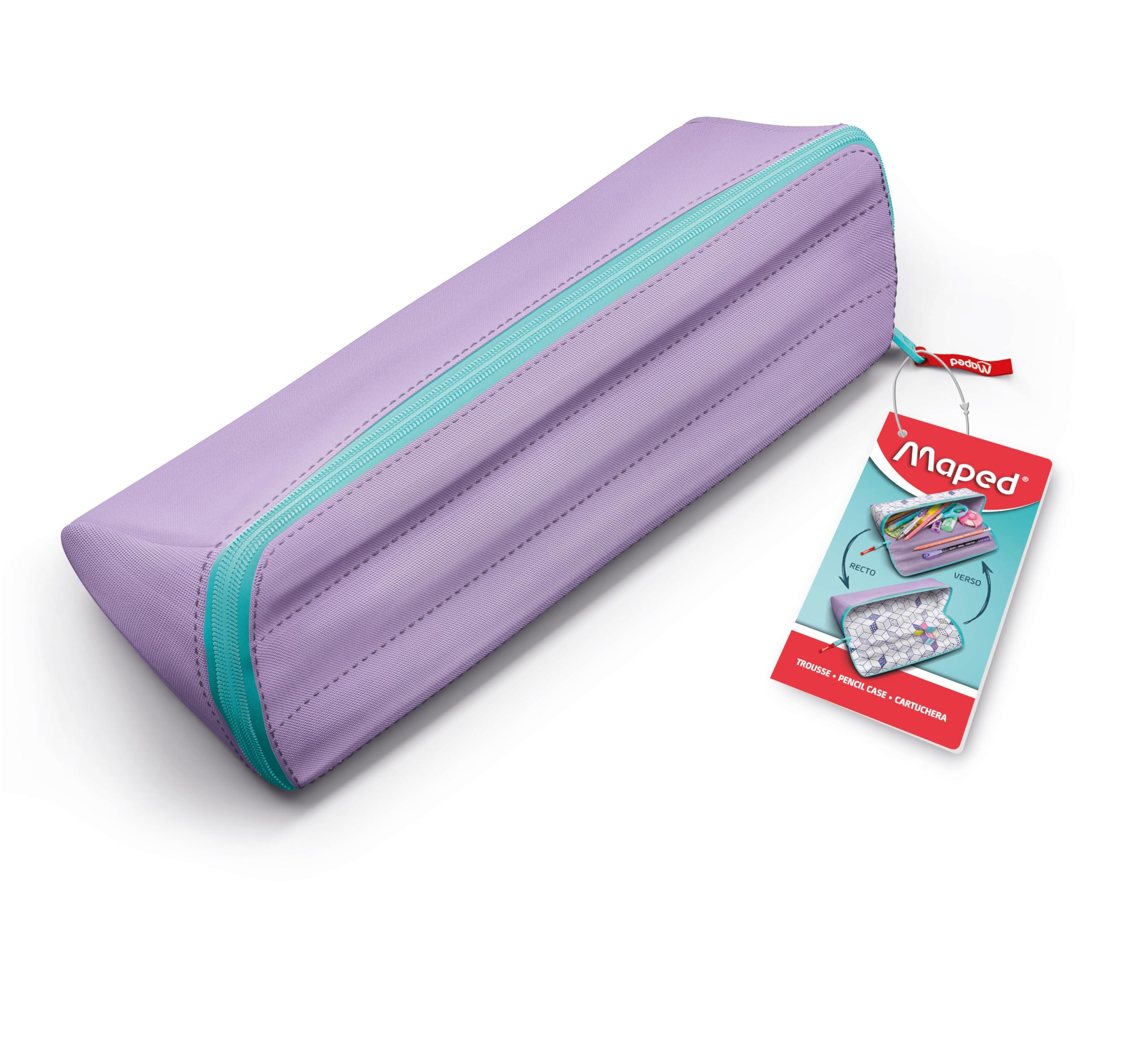 Maped - XXL Opening School Pencil case - Customisable Reversible Pencil case with 1 Side to Colour - Large Practical Opening - Triangular Pencil case 22 x 6 cm - Pastel Pencil case Glitter Purple