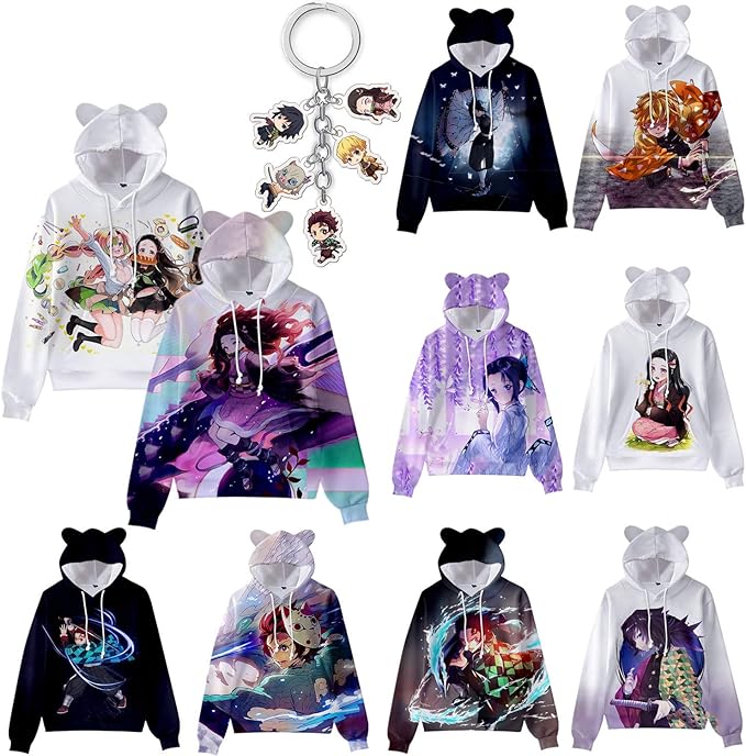 鬼滅の刃 パーカー 子供 プルオーバー キッズ 長袖 コート 上着 猫耳 フード付き 男の子 女の子 かわいい 子供服 秋冬服 アニメ プリント 柔らかい 衣装 鬼滅の刃 子供 パーカー 禰豆子 炭治郎 しのぶ 服 男女兼用 キーホルダー付き トレーナー Amazon
