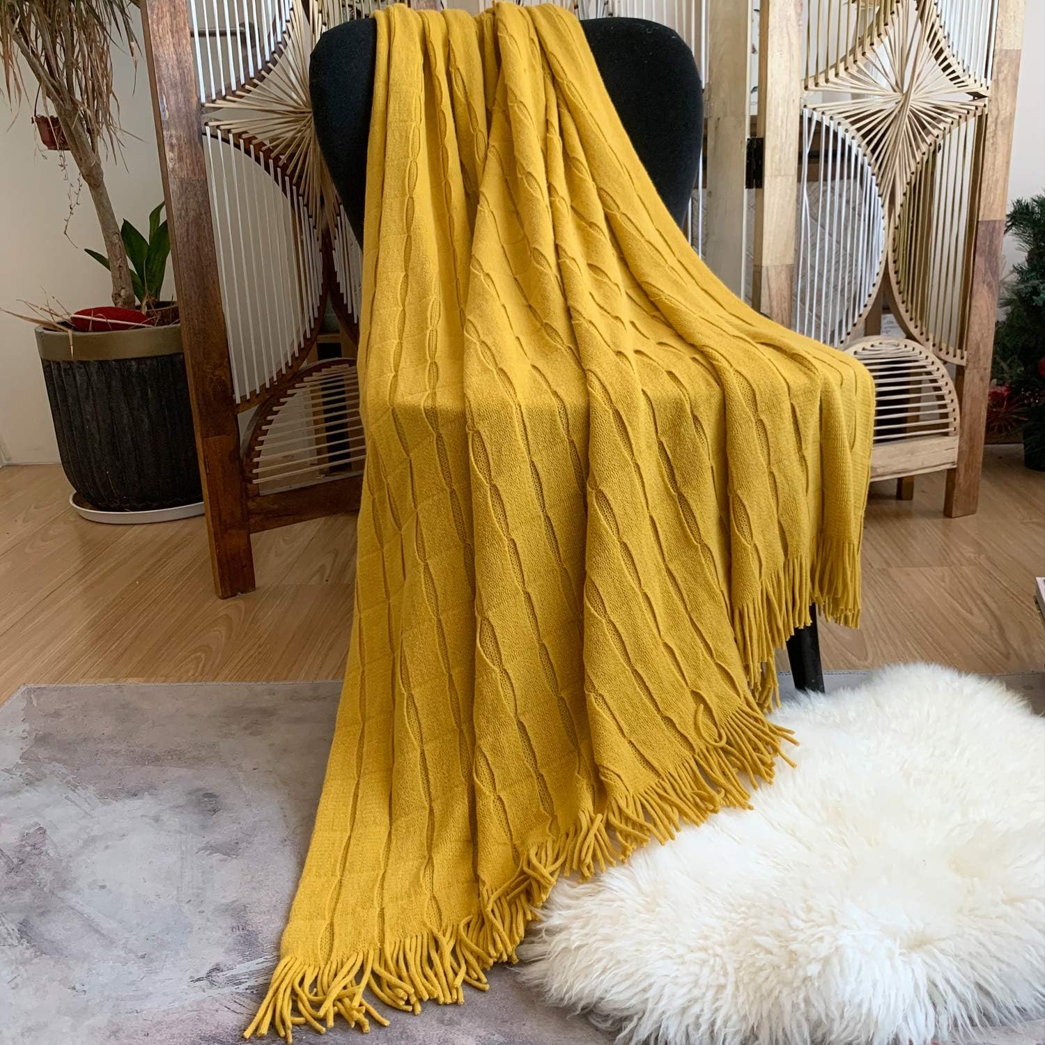 DISSA Knitted Blanket Textured Solid Super Soft Decorative Throw Blanket with Tassels Cozy Plush Lightweight Fluffy Woven Blanket for Bed Sofa Couch Living Bed Room (Mustard Yellow, 60"x80"): Home & Kitchen