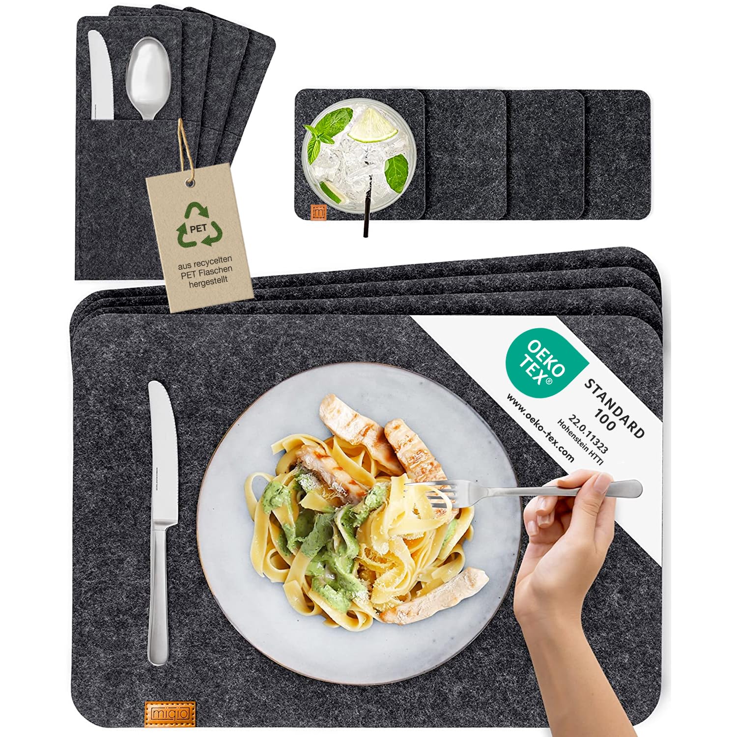 MIQIOﾮ Scandi Style Felt Place Mats with real Leather Label - Washable | Set of 4 Felt Placemats 44x30 cm, Cuttlery Bags, Glass Coasters | Table Mats for Easter Table Decoration | Dark Grey