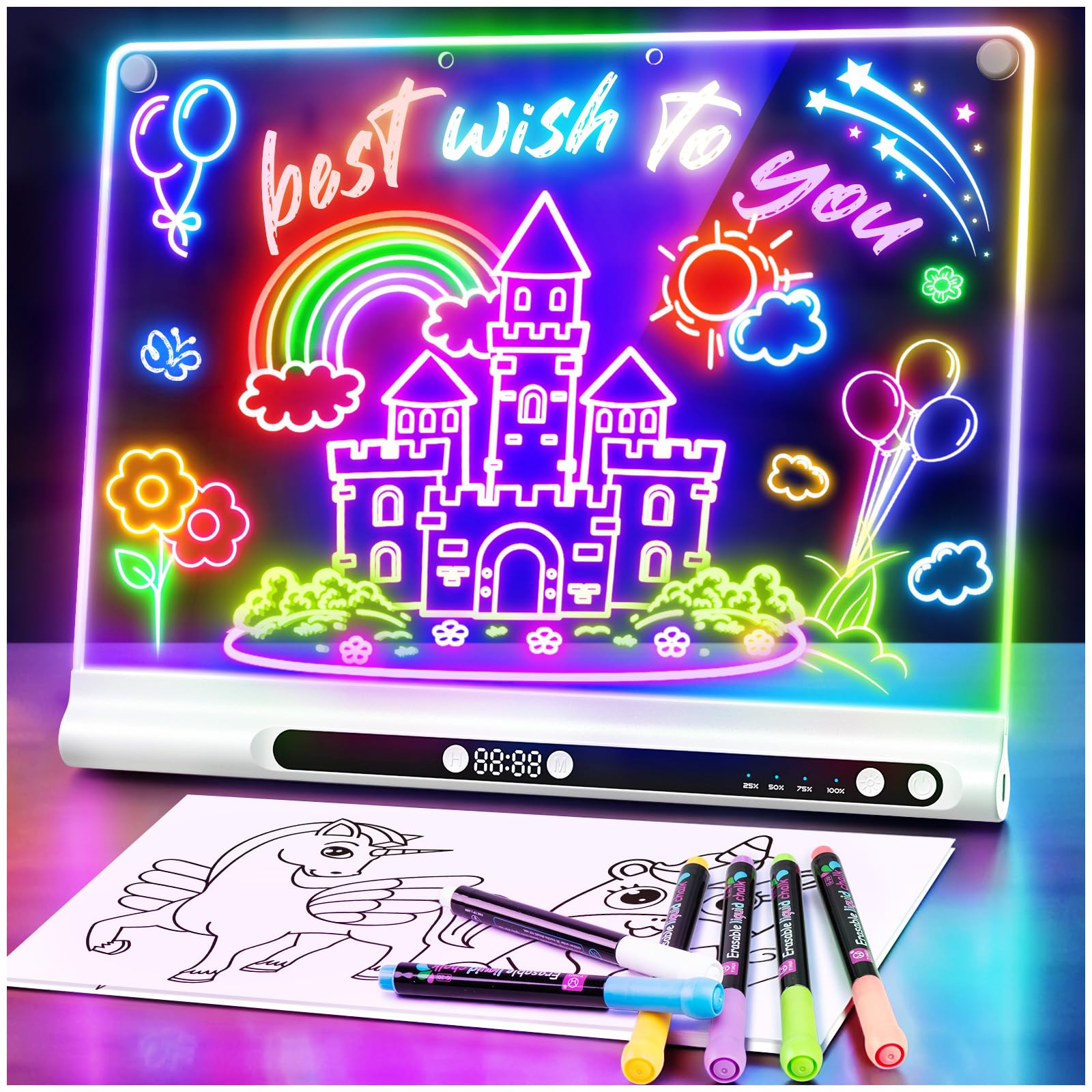 16“ Rechargeable LED Drawing Board, 9-Color Light Modes with Timer & Built-in Stand, Neon Art Dry Erase Glow Up Doodle Note Pad, Sketching Gift Toy for Kids/Girls/Teens, 6 Markers & Tracing Book White