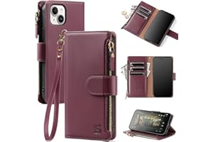 Shieldtop Compatible with iPhone 14 Wallet Case with Card Holder,Women Men RFID Blocking PU Leather Flip Cover Wrist Strap Zipper Credit Card Slots,Phone Case for Apple 14 6.1",Wine Red