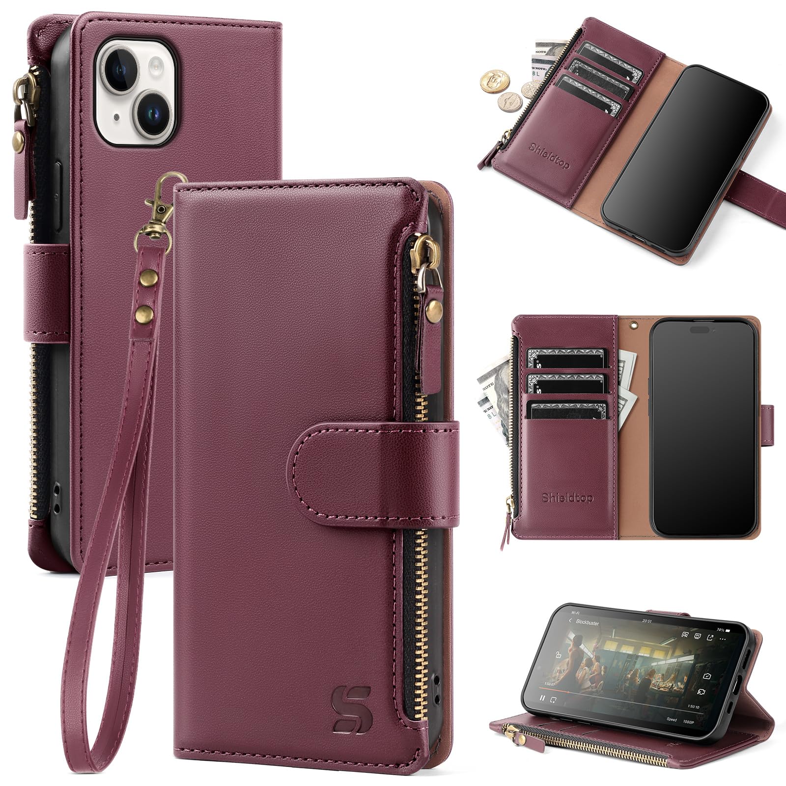 Shieldtop Compatible with iPhone 15 Wallet Case with Card Holder,Women Men RFID Blocking PU Leather Flip Cover Wrist Strap Zipper Credit Card Slots,Phone Case for Apple 15 6.1",Wine Red