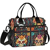 Skull Day Of The Dead Square Lunch Bag for Women, Insulated Lunch Box for Students, Women's Lunch Tote Bag with Side Pockets & Removable Shoulder Strap Large Cooler Purse for Picnic Work Beach