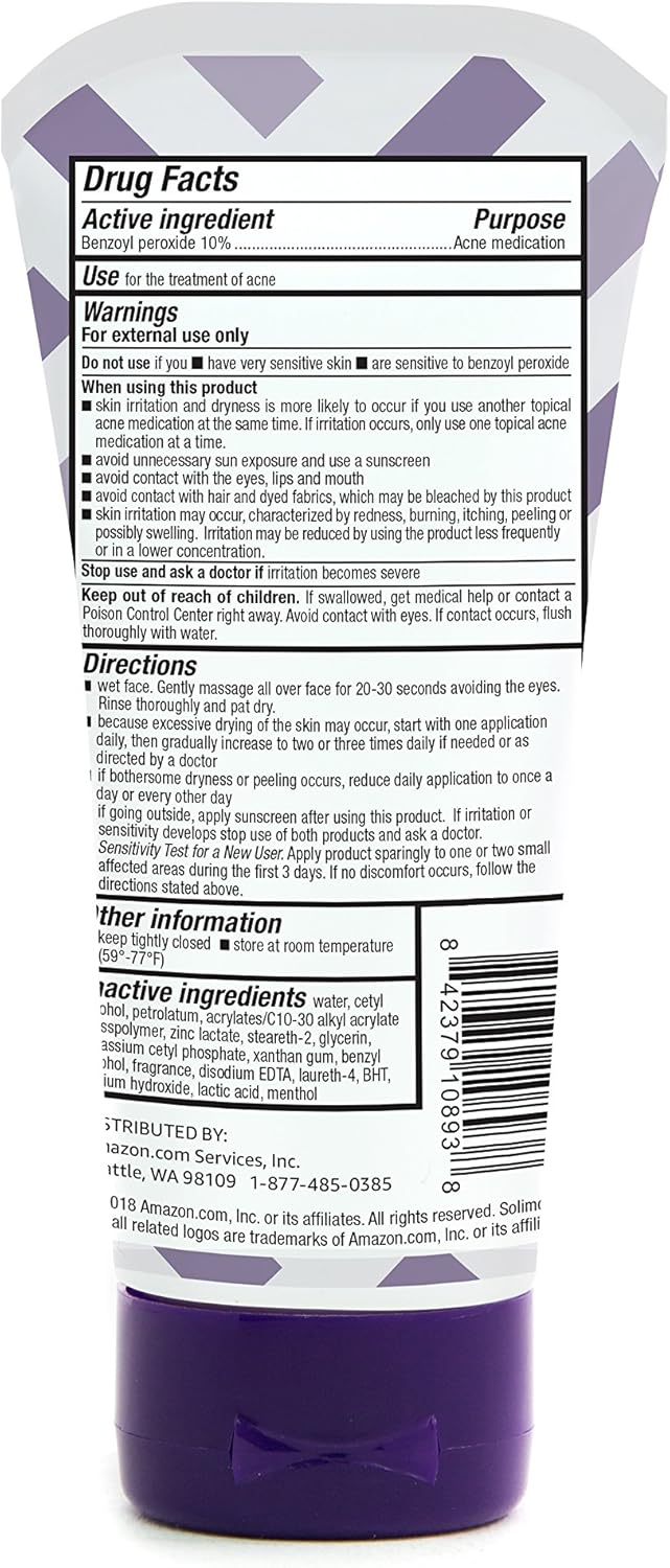  Brand - Solimo Daily Acne Control Cleanser, Maximum Strength 10% Benzoyl Peroxide Acne Medication, 5 Ounce: Health & Personal Care