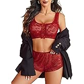 Avidlove Lingerie Sets for Women Sexy Bow Pajama Set Sheer Floral Lace Bra and Panty 2 Piece Nightwear
