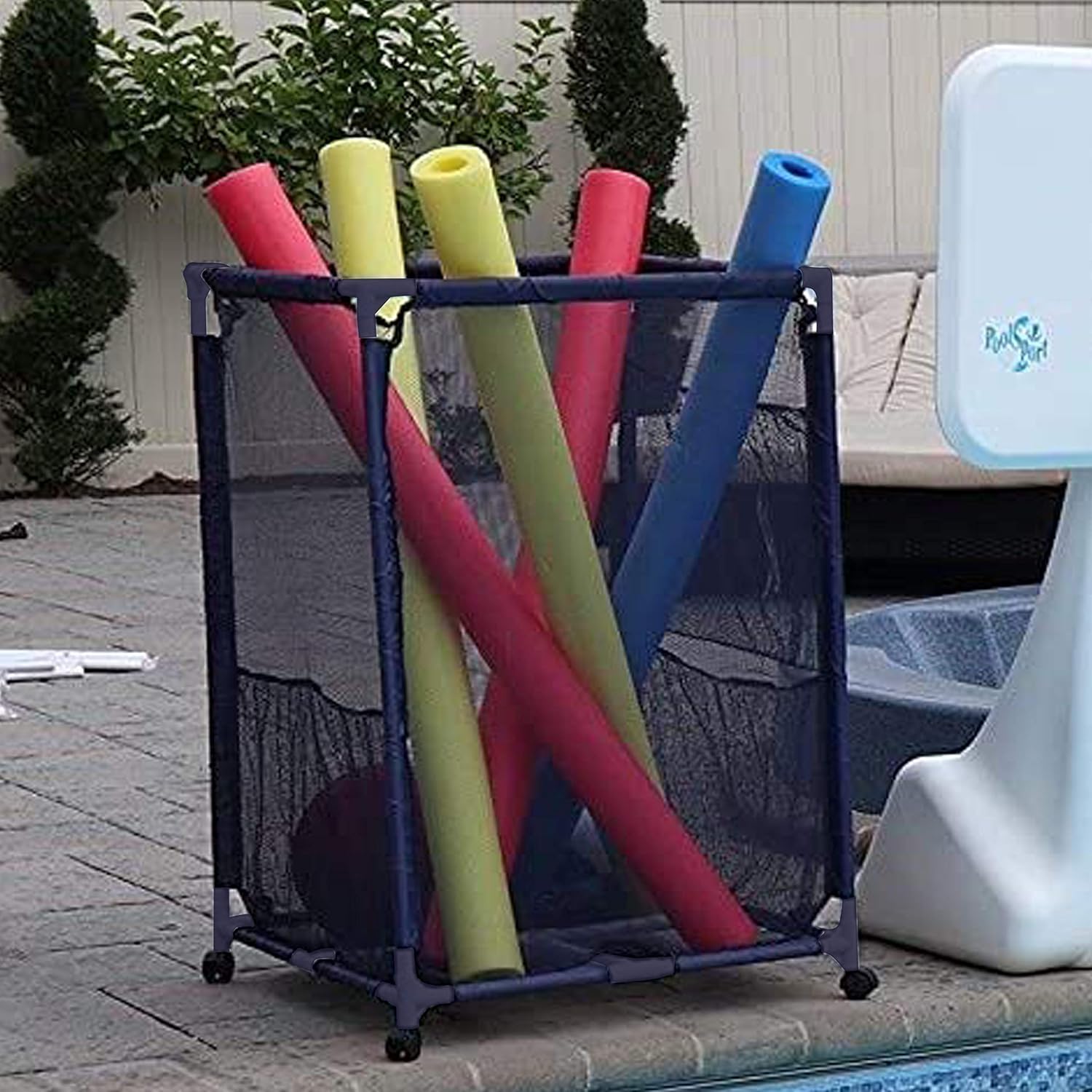 Essentially Yours Rolling Pool Storage Organizer Bin, Large, 24"x 24"x 42", Blue Mesh/White PVC : Garden & Outdoor