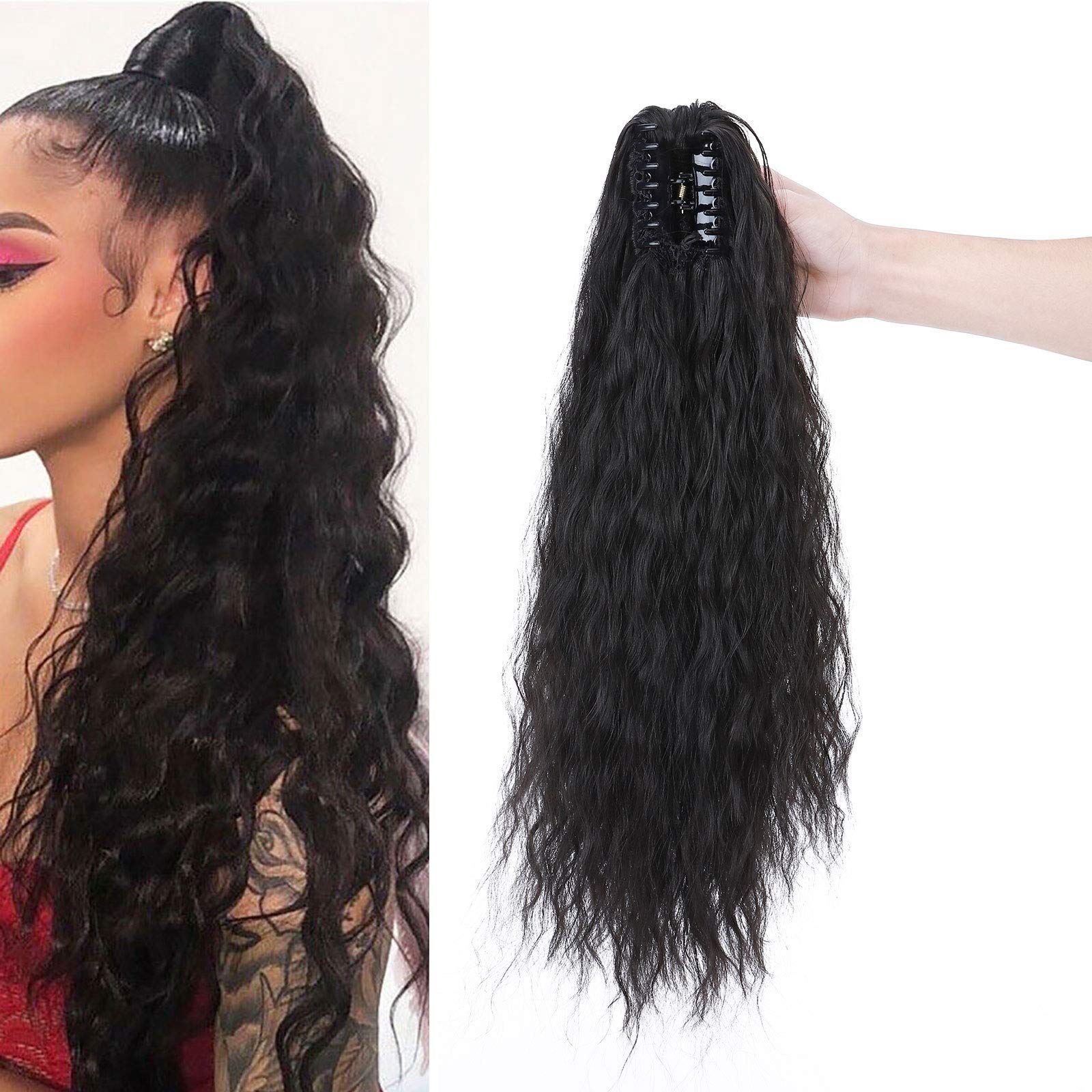 Real Fashion Corn Wavy Ponytail Extension Claw Clip 24" Long Wavy Curly Hair Extensions Jaw Clip Ponytail Hairpiece Pony Tail Natural Black