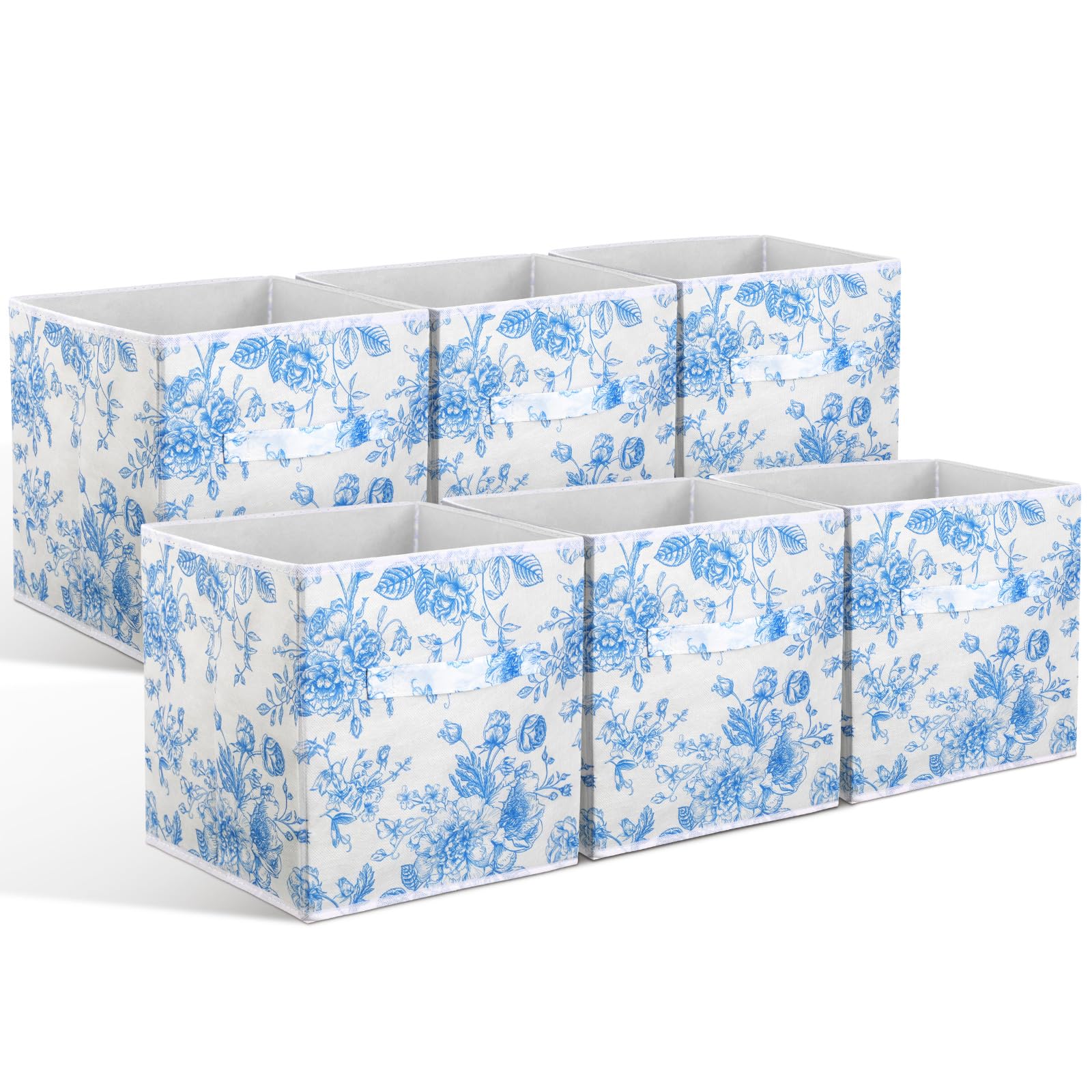 Photo 1 of Geelin 6 Pcs Blue Floral Cube Storage Bins 11 Inch Blue Flower Storage Basket with Handle, Preppy Girls Organizer Basket, Collapsible Fabric Box for Classroom Bedrooms Office Home Decoration Gift