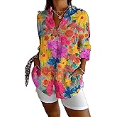 Womens Tops Long Sleeve Shirts Casual Botton Down Floral Printed V Neck Collared Dressy Blouses