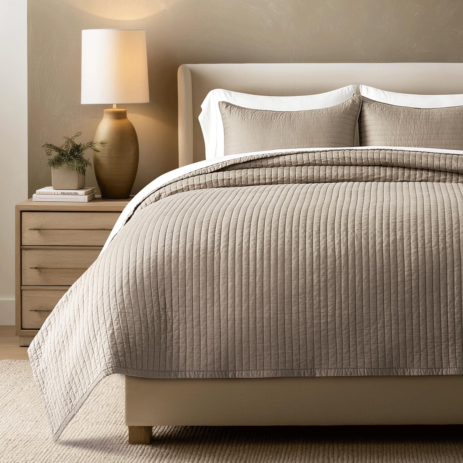 EVERGRACEHOME Cotton Sateen Quilt Set King Size, Pre-Washed Cotton Channel Stitch Coverlet Bedspread, 3 Pieces Lightweight Soft Bedding Sets for All Season, with 2 Pillow Shams, Stone Taupe