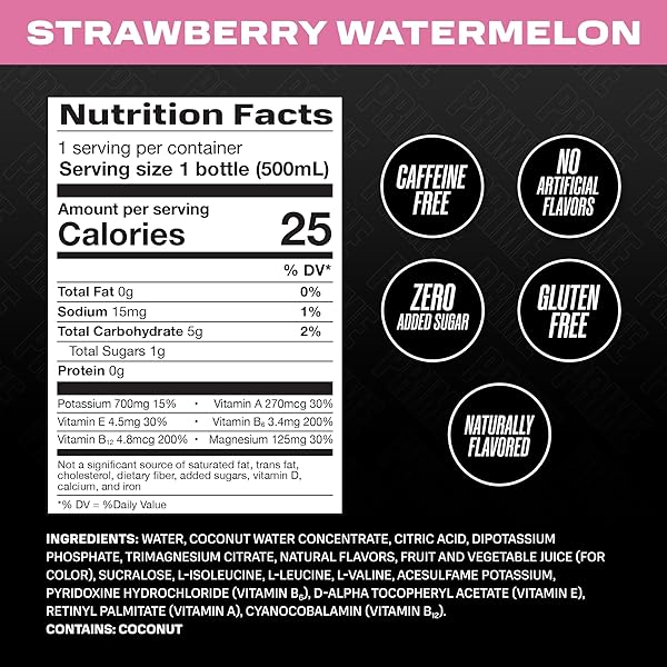 PRIME HYDRATION STRAWBERRY WATERMELON, SPORTS DRINKS, ELECTROLYTE ENHANCED FOR REPLSNISHING FLUIDS, 250MG BCAAS, B VITAMINS, ANTIOXIDANTS, LOW SUGAR, 16.9 FL OZ, 12 PACK
