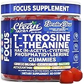 Brain Glow Focus Gummies L-Tyrosine L-Theanine B6 B12 Lion's Mane Mushroom Omega 3 DHA NAC N-Acetyl Cysteine Phosphatidylserine Folate Alpha-GPC Panax Ginseng Ginkgo Biloba 60 Count by Clean Nutra