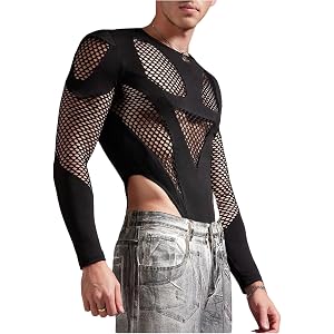 SweatyRocks Men's Fishnet Bodysuit Long Sleeve Sheer Hollow Out High Cut Body Suits Going Out Rave Top