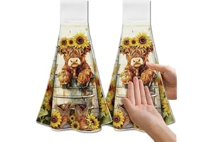 CUTHOLLOW Highland Cow and Sunflower Kitchen Towels with Hanging Loop, Set of 2 - Soft & Super Absorbent Microfiber Decorativ