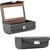 BUNCHBRAVO Lipstick Case for 2 Tubes, Diamond Pattern, Vegan Leather Lipstick Holder with Mirror for Touch-Up, Travel Makeup Organizer with Snap Closure - Black Glossy Finish