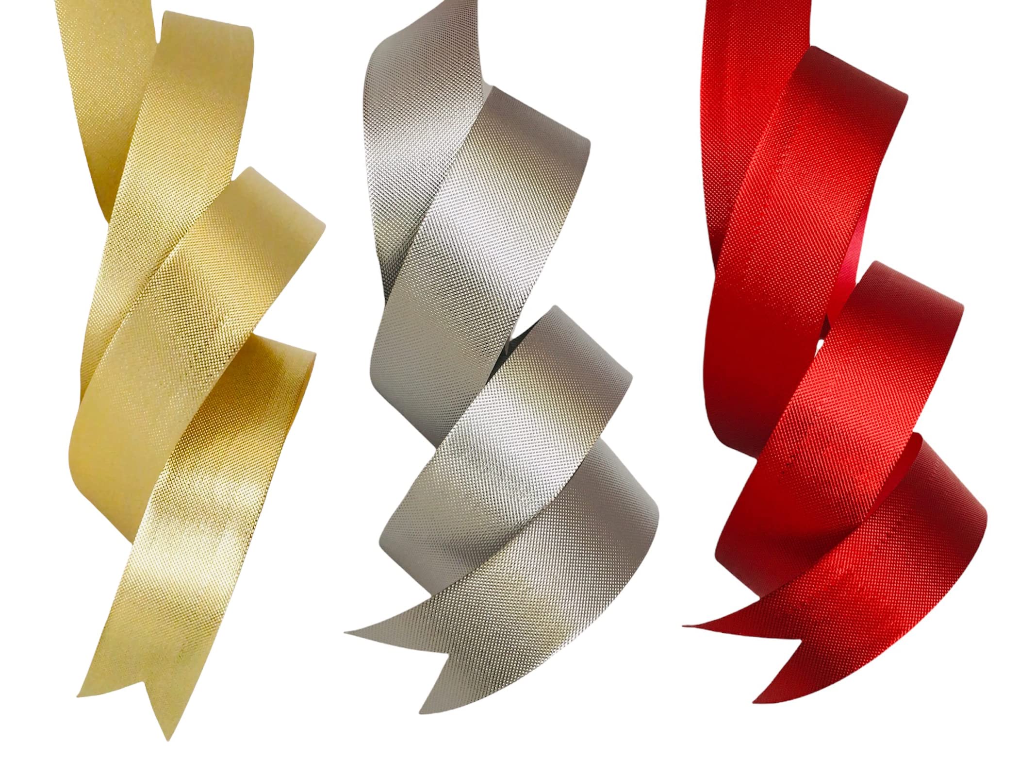 WRG Party Supplies - Premium [ 3 rolls ] Gift Wrapping Metallic Ribbon - Christmas Gold, Arctic Silver & Christmas Red (Pack of 3)
