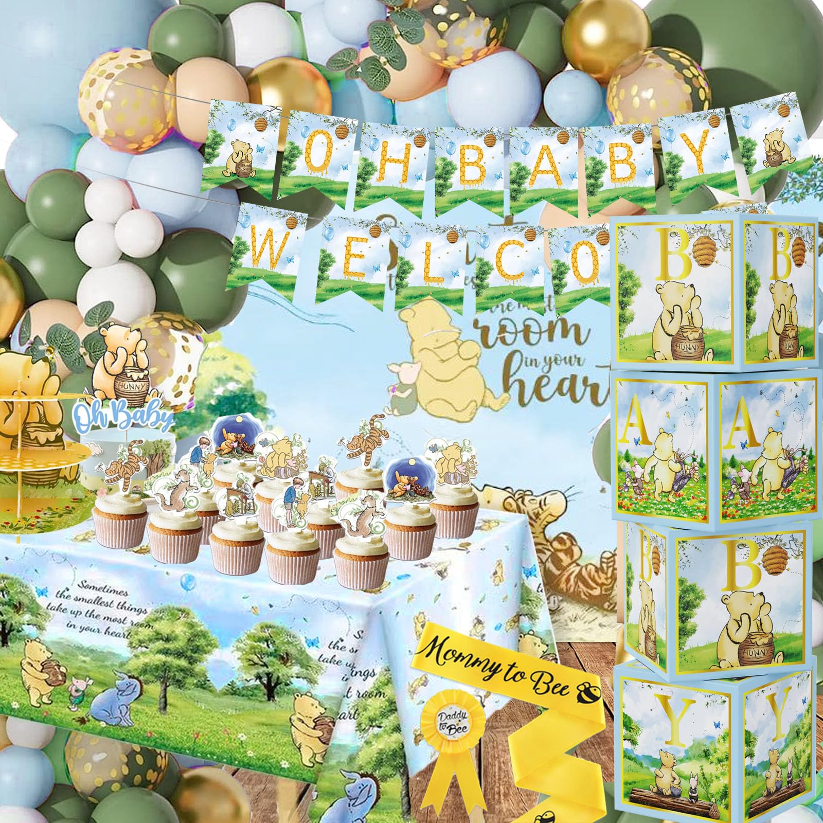Photo 1 of 159pcs Blue Classic Winnie Baby Shower Decorations Kit, Vintage Pooh Party Supplies, Classic Pooh Backdrop, Cake Topper, Tablecloth Box Decorations for Girl Boy Baby Shower