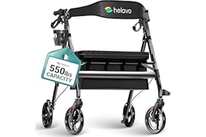 Helavo Bariatric Walker with Seat 500 lbs (226 kg) – Extra Wide Heavy Duty Rollator for Seniors, 8” (20 cm) Wheels, Height Ad