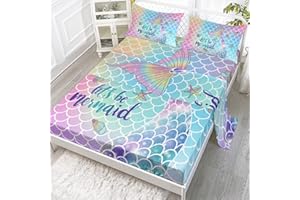 Datura home 4Pcs Kids Fitted Sheet and Flat Set Rainbow Scales Mermaid Printed Pattern Bedding with 1 + 2 Pillowcases for Boys Girls (Rainbow Queen), 91x102 Inches