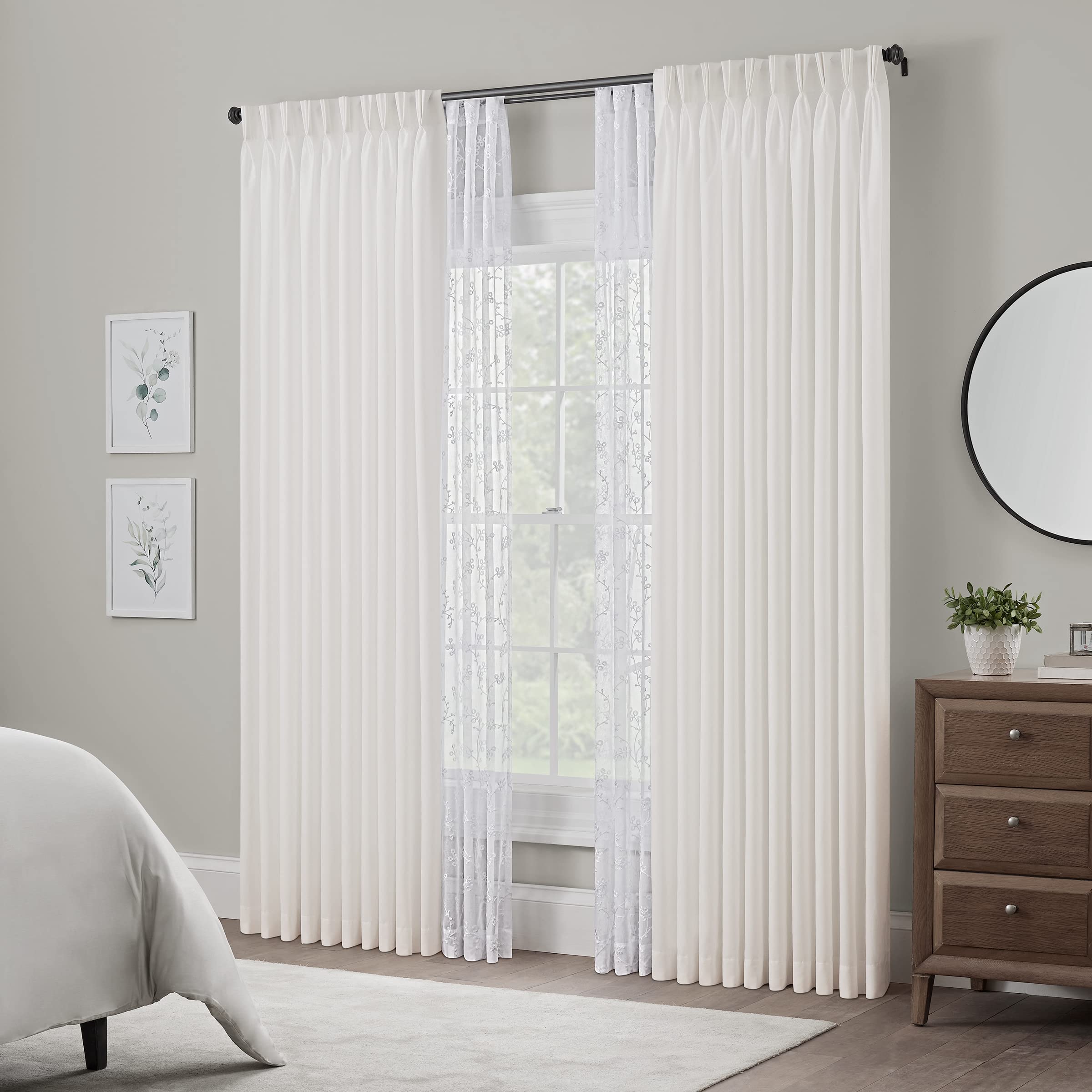 Waverly Serendipity 10 Pinch Pleat Light Filtering Rod Pocket Window Curtain for Living Room (1 Panel), 50 in x 95 in, White
