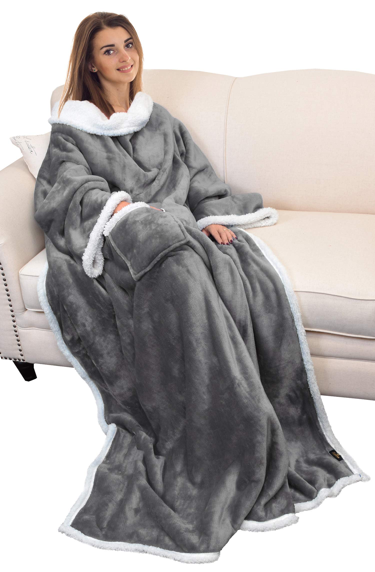 Catalonia Classy Wearable Blanket with Sleeves, Warm Sherpa Fleece TV Snuggle Blanket with Arms for Sofa Couch, Cozy Sleeved Throw Christmas Gift for Women Wife Man, 185 x 140 cm, Grey — image 1