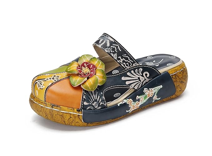 Damen Sandalen,Popoti Sommer Sandalen mit Absatz Pantoletten Hausschuhe Leder Slip-Ons Pumps Vintage Blume Slipper Mokassins 