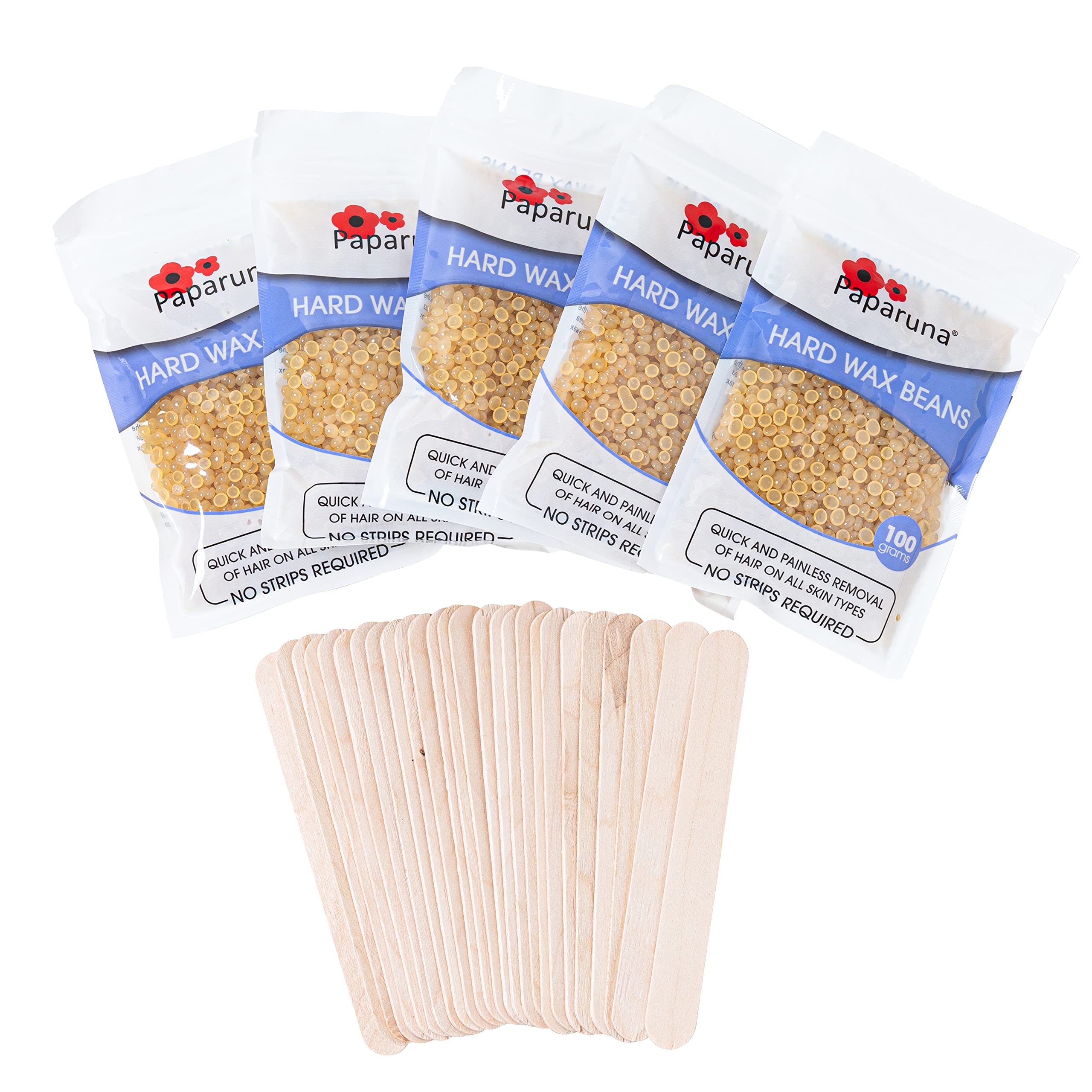 Multi Pack Paparuna Honey Hard Wax Beans, Five 100g bags, Wax Warmer Beads and pack of wooden spatulas - For Hair Removal, Bikini, Body,Legs,Back,Face,Chest,Facial,Eyebrows, Nose,Brazillian