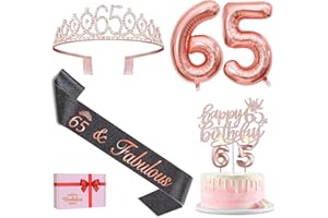 65th Birthday Decorations for Women, Including Black 65th Birthday Sash and Crown, Cake Topper and Candles, Number Balloons R