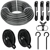 fshihine Outdoor Clothesline Kit, Black Clothes Line Pulley Kit Heavy Duty | 150FT 3/16 PVC Coated Galvanized Cable, 6.3" Clothesline Pulleys, 3 Separators, Larg Hooks and Tightener for Backyard Drying
