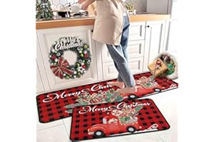 KUKLI KITCHEN Buffalo Plaid Red Truck Christmas Kitchen Rugs 2 PCS, Merry Christmas Kitchen Rug, Non Skid Washable Soft Comfort Kitchen Rugs Set (17"x47"+17"x30",Merry Christmas)