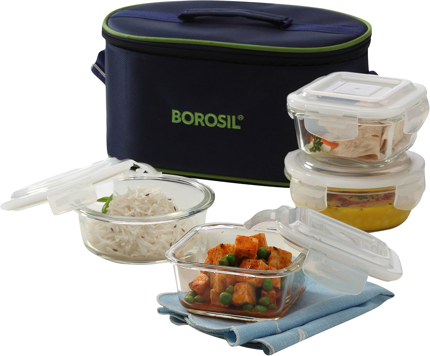 Borosil Microwavable Borosilicate Glass Klip N Store Tiffin Box, 320Ml And 400Ml, Set Of 4 With