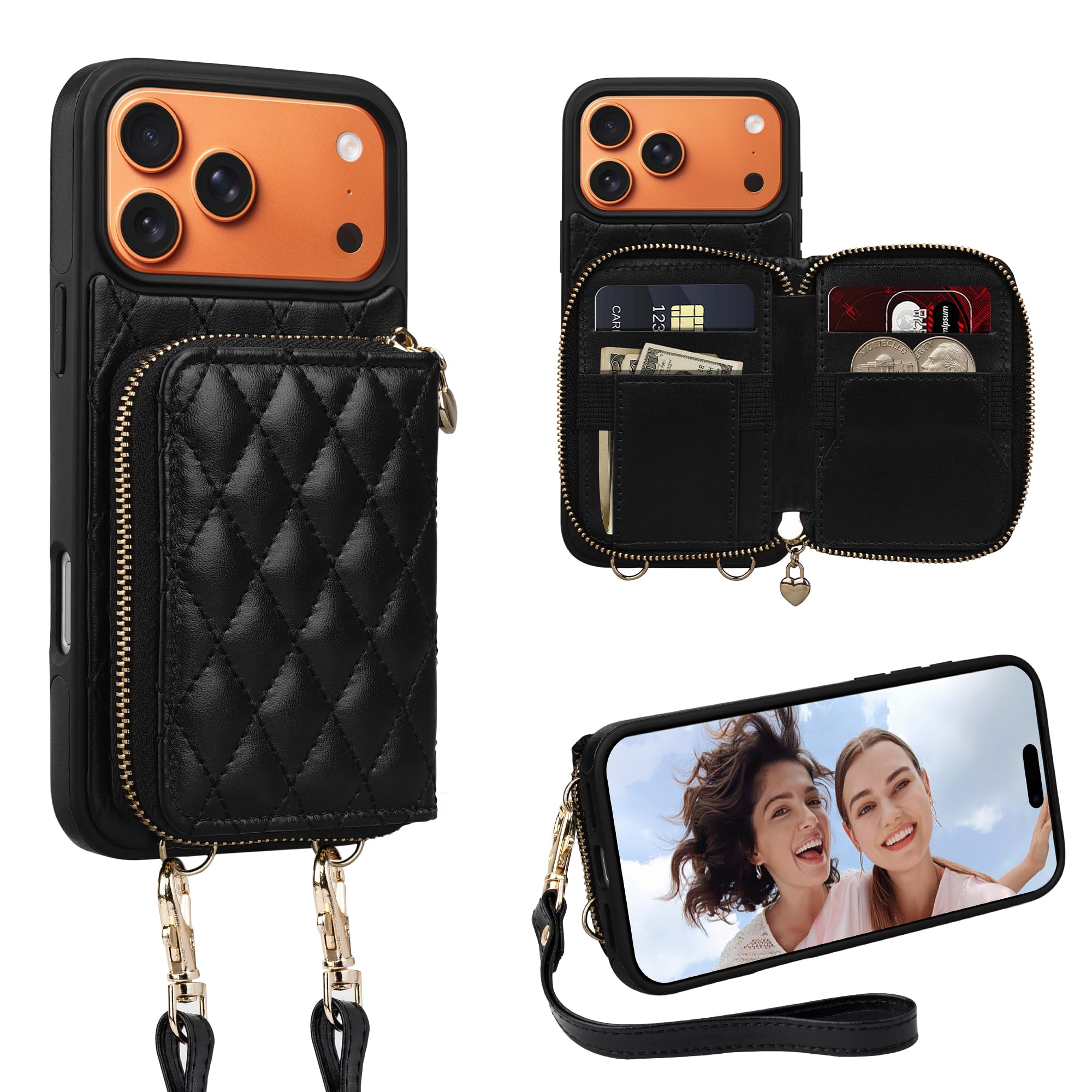 Keallce Case for iPhone 17 Pro Max 6.9'' Wallet Case, Crossbody Zipper Purse with Wrist Strap Lanyard Handbag, RFID Blocking Card Holders, Kickstand Flip Leather Cover for iPhone 17 Pro Max, Black Image