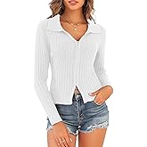 ZAFUL Women's Zip Up Sweater Long Sleeve Polo V Neck Ribbed Knit Slim Cropped Sweater Pullover Jumper Tops (1-White, Small)
