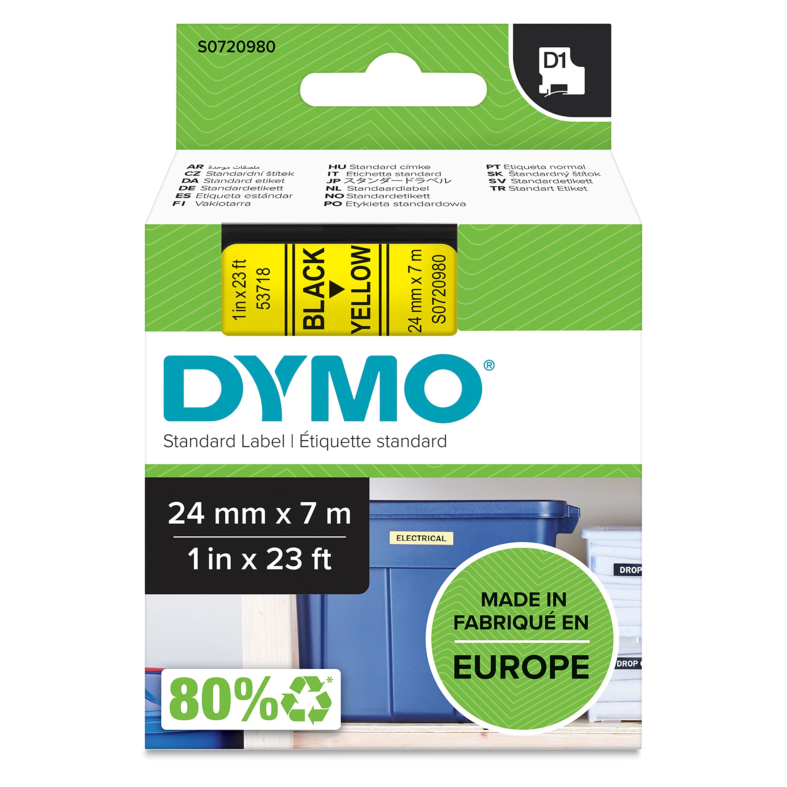 DYMO Authentic D1 Labels | 24mm x 7m Roll | Black Print on Yellow | Self-Adhesive Labels for LabelManager Label Printers
