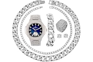 CHARLES RAYMOND Fully Iced Mens Big Rocks Bezel Color Dial with Roman Numerals, Cuban Chain Bracelet, Cuban Necklace, Tennis Chain & Ring - ST10327CRNT